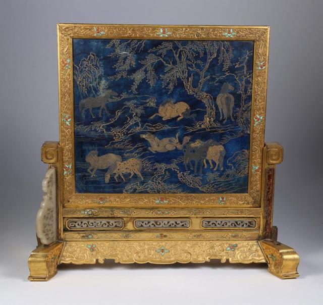 A Rare 18th century Chinese Imperial Parcel Gilt Lapis Lazuli and Inlaid Gilt Bronze Table Screen will be on view during Asia Week. (Estimate: $60,000/90,000)